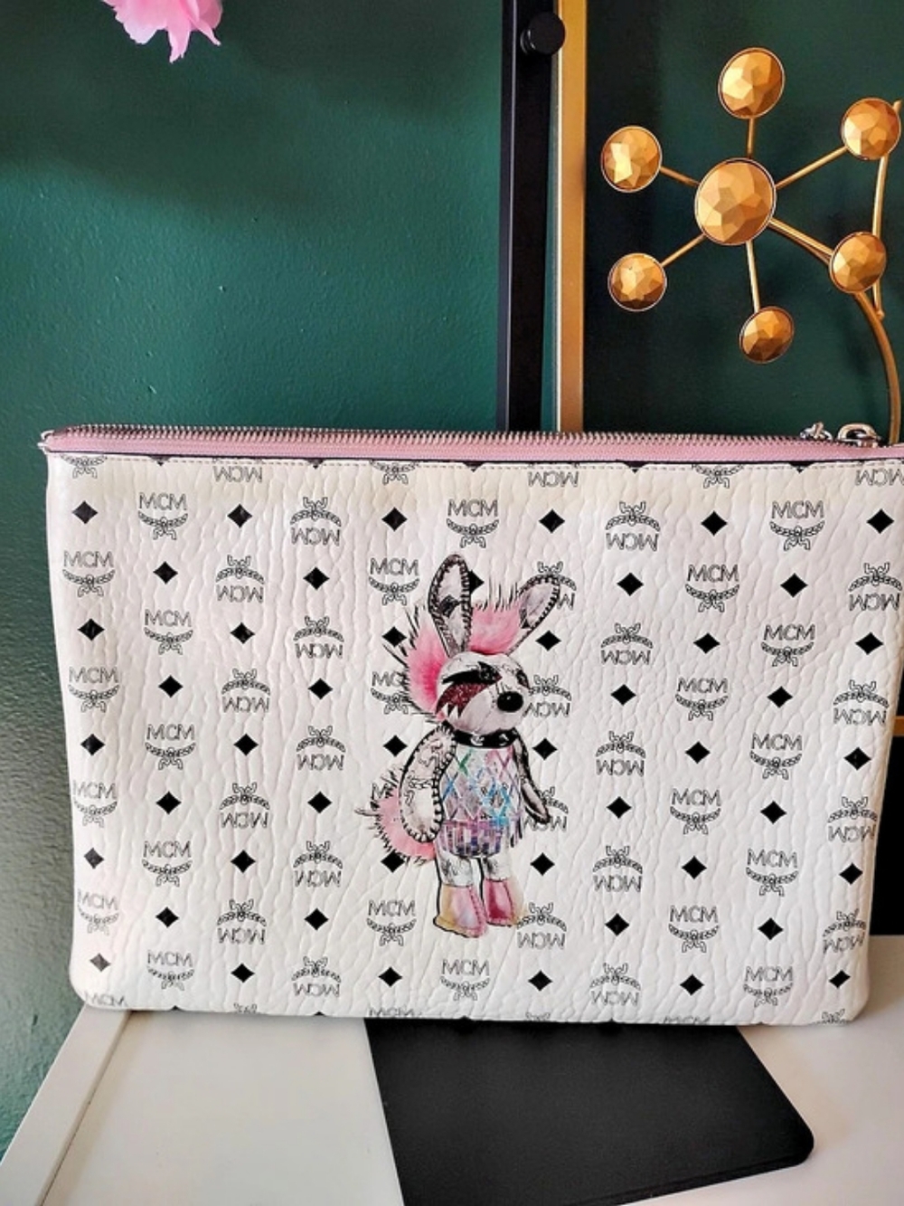 MCM Visetos Punk Rabbit Crossbody Pouch White & Pink